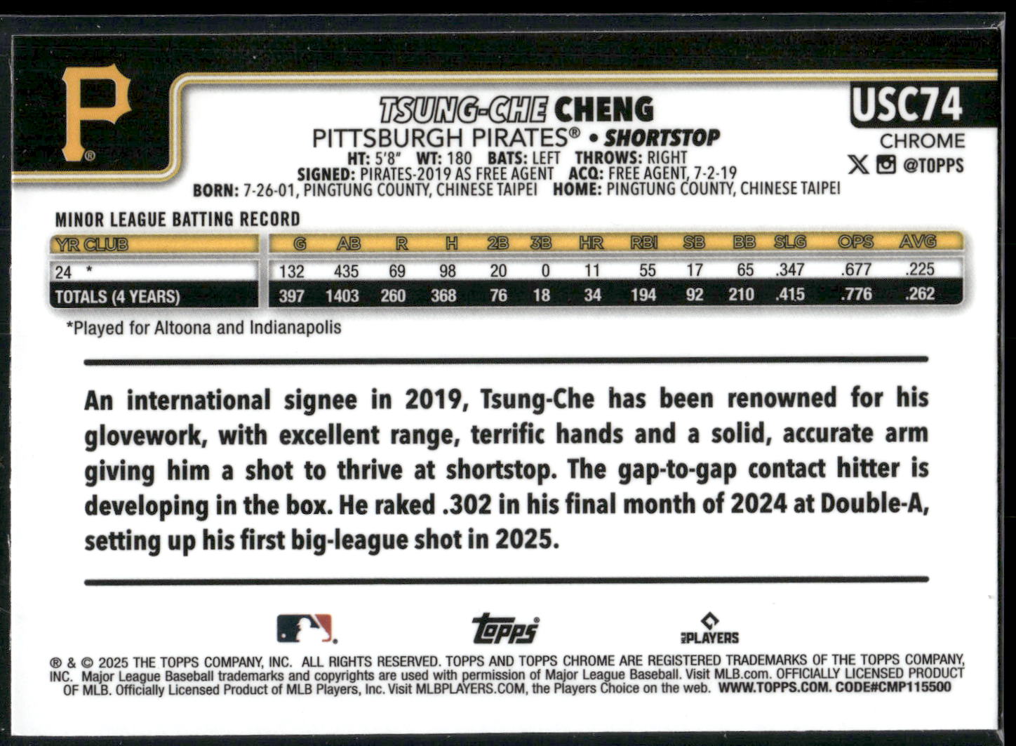 2025 Topps Chrome Update #USC74 Tsung-Che Cheng