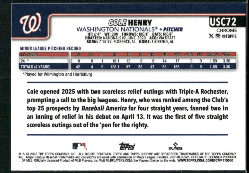 2025 Topps Chrome Update #USC72 Cole Henry