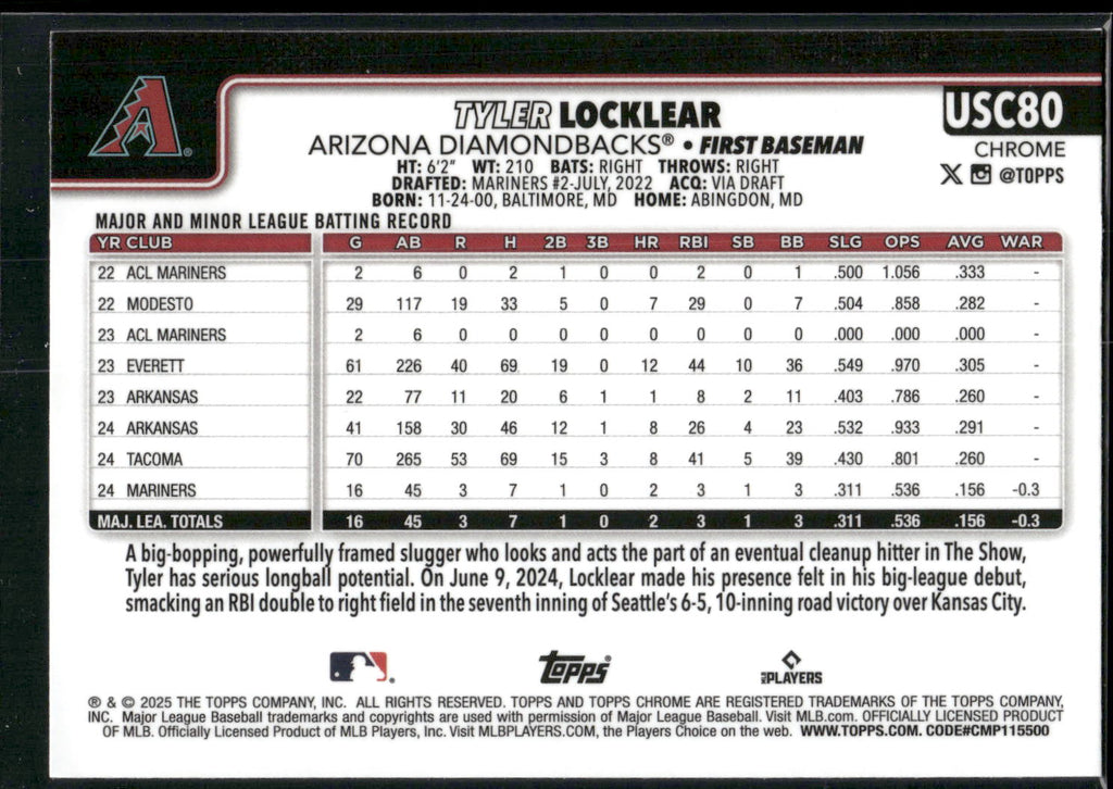 2025 Topps Chrome Update #USC80 Tyler Locklear