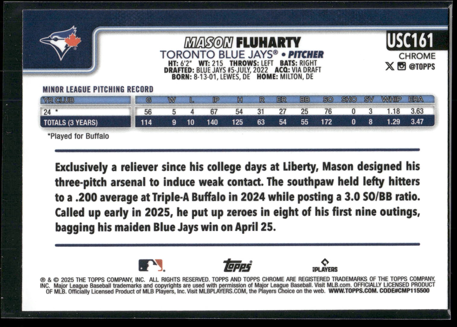 2025 Topps Chrome Update #USC161 Mason Fluharty