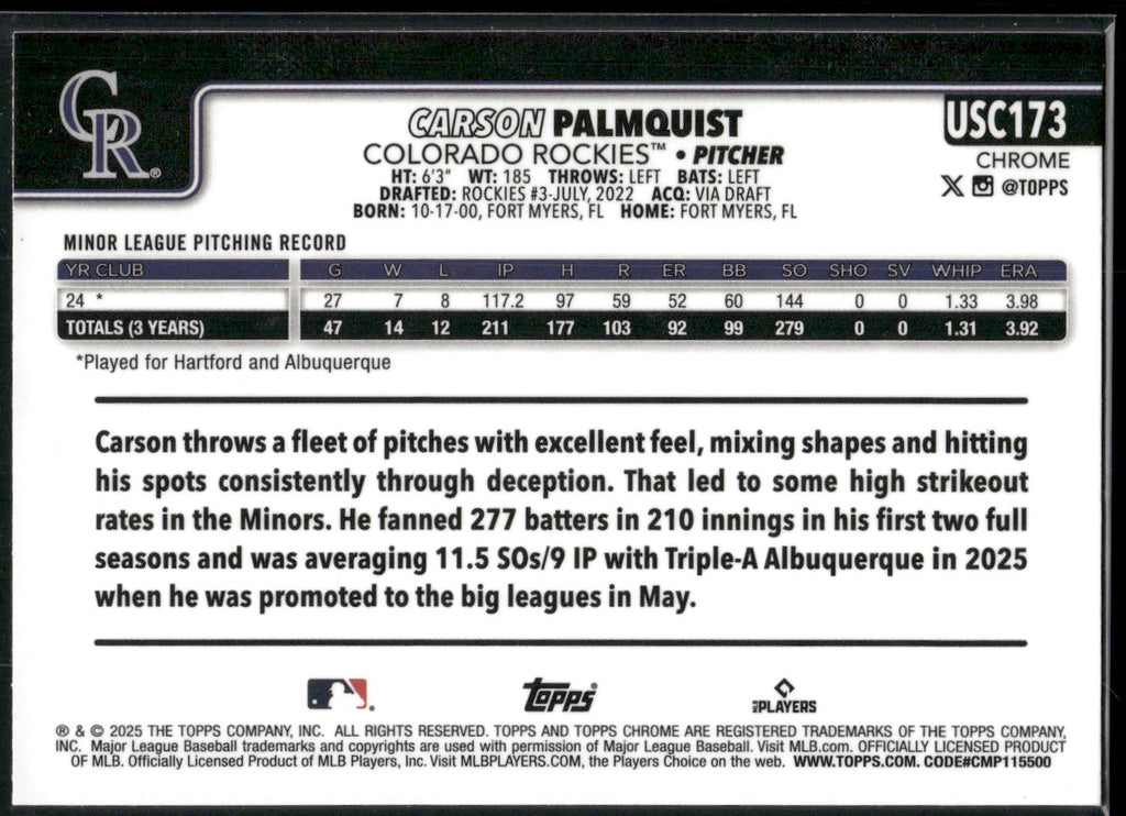 2025 Topps Chrome Update #USC173 Carson Palmquist