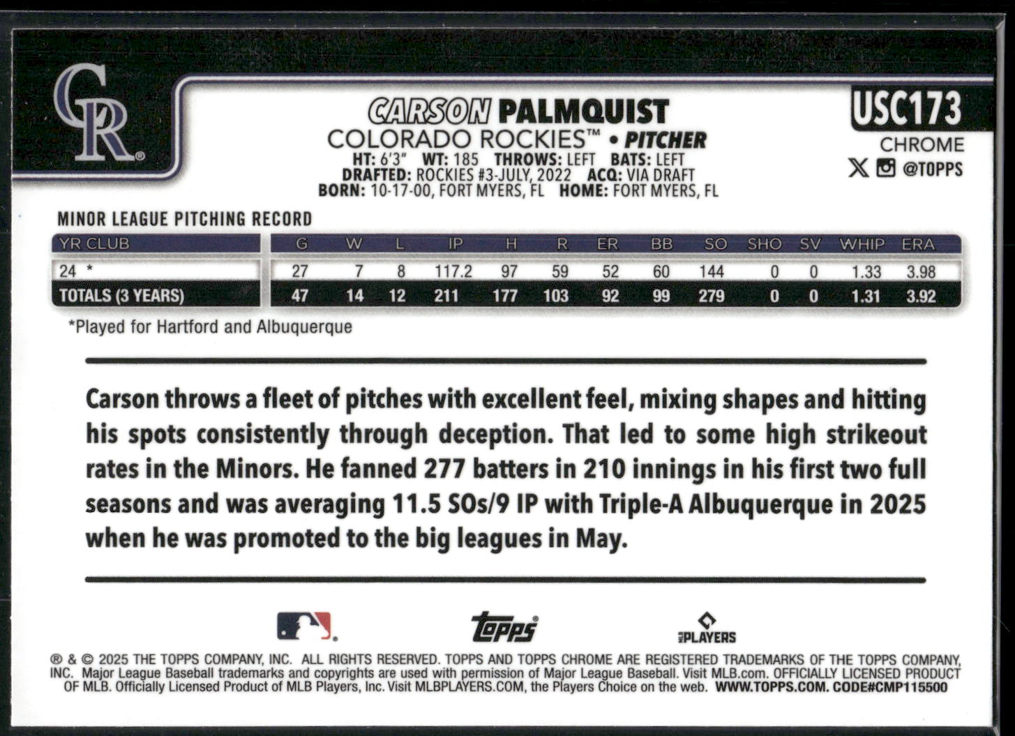 2025 Topps Chrome Update #USC173 Carson Palmquist