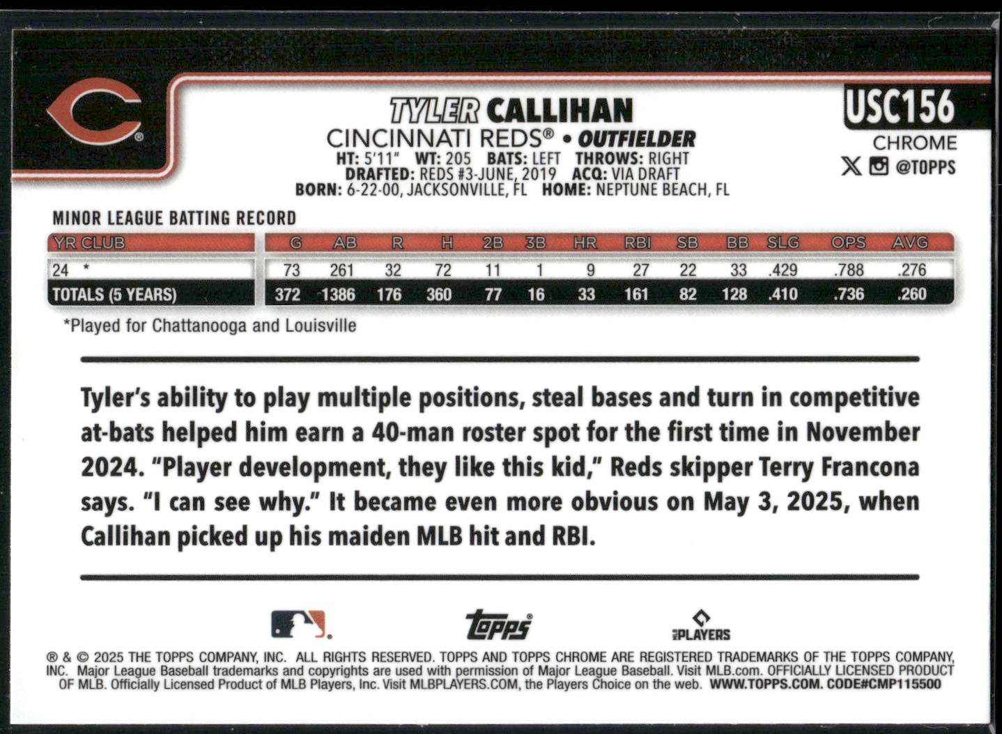 2025 Topps Chrome Update #USC156 Tyler Callihan