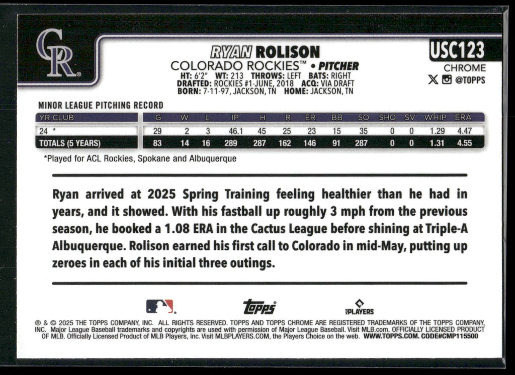2025 Topps Chrome Update #USC123 Ryan Rolison