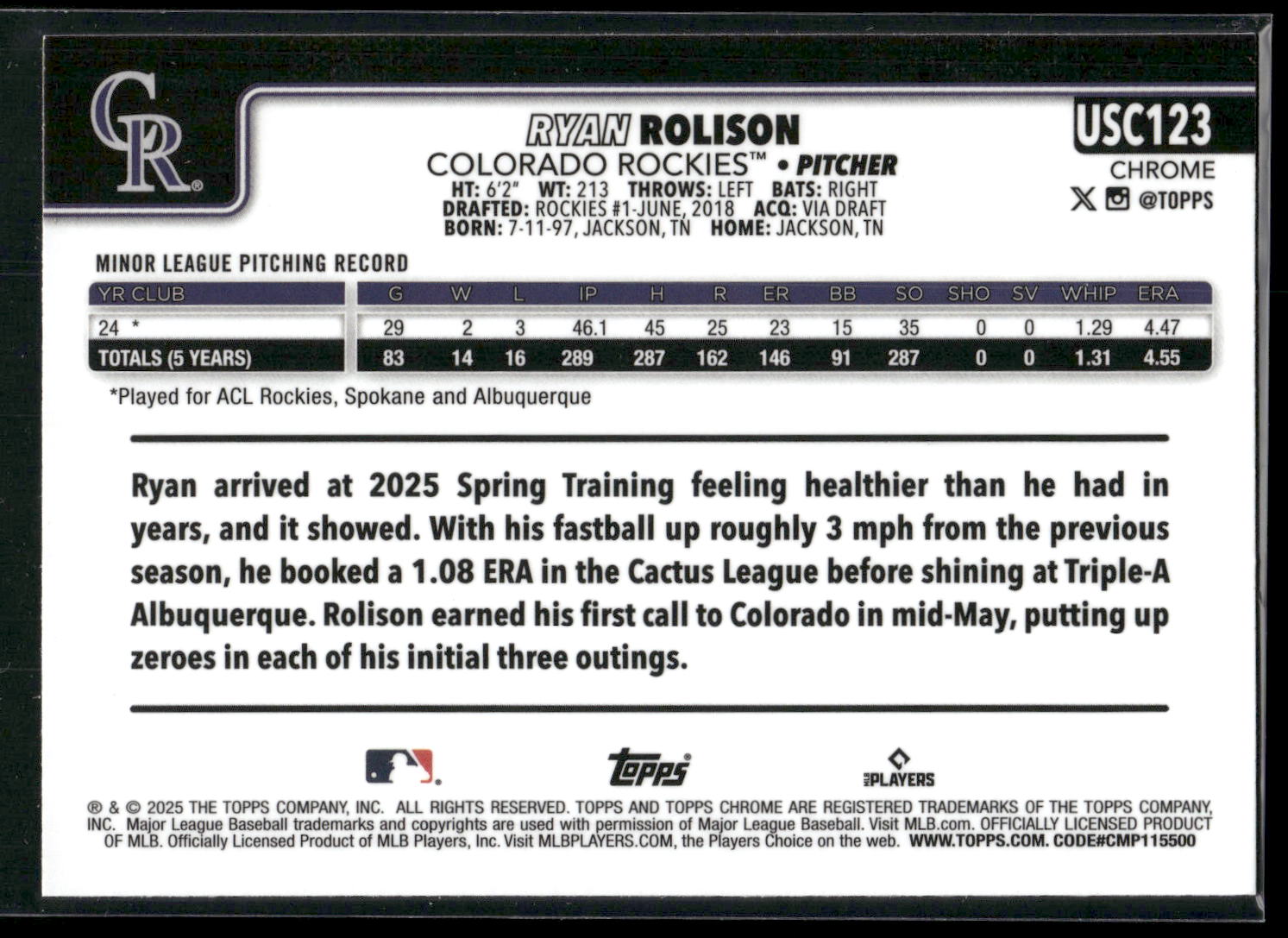 2025 Topps Chrome Update #USC123 Ryan Rolison
