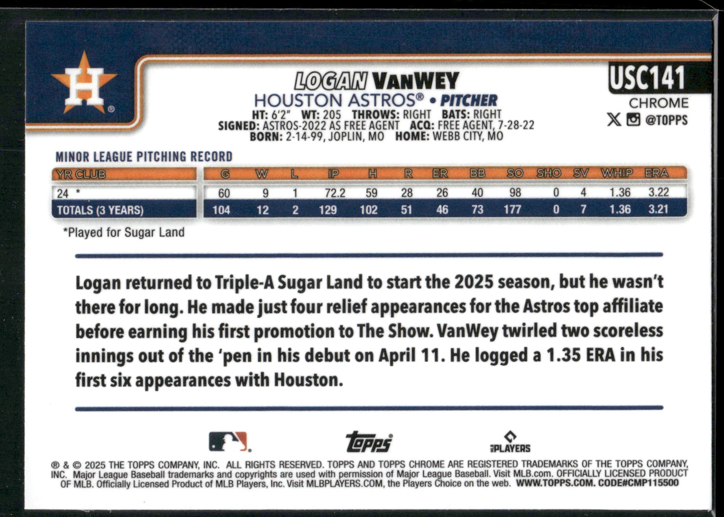 2025 Topps Chrome Update #USC141 Logan VanWey