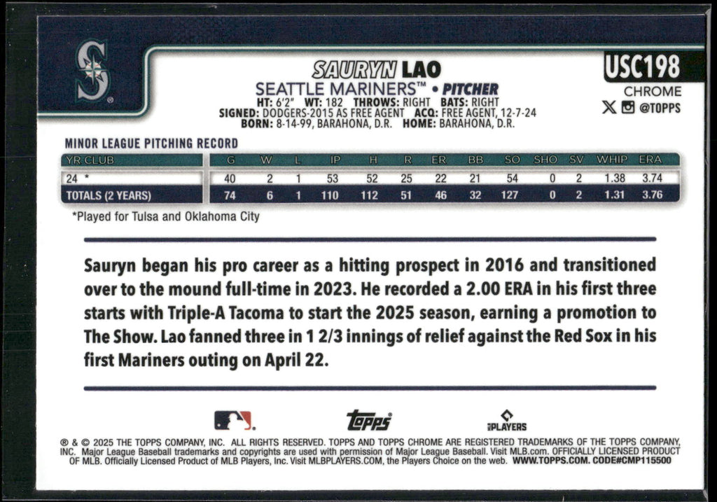 2025 Topps Chrome Update #USC198 Sauryn Lao