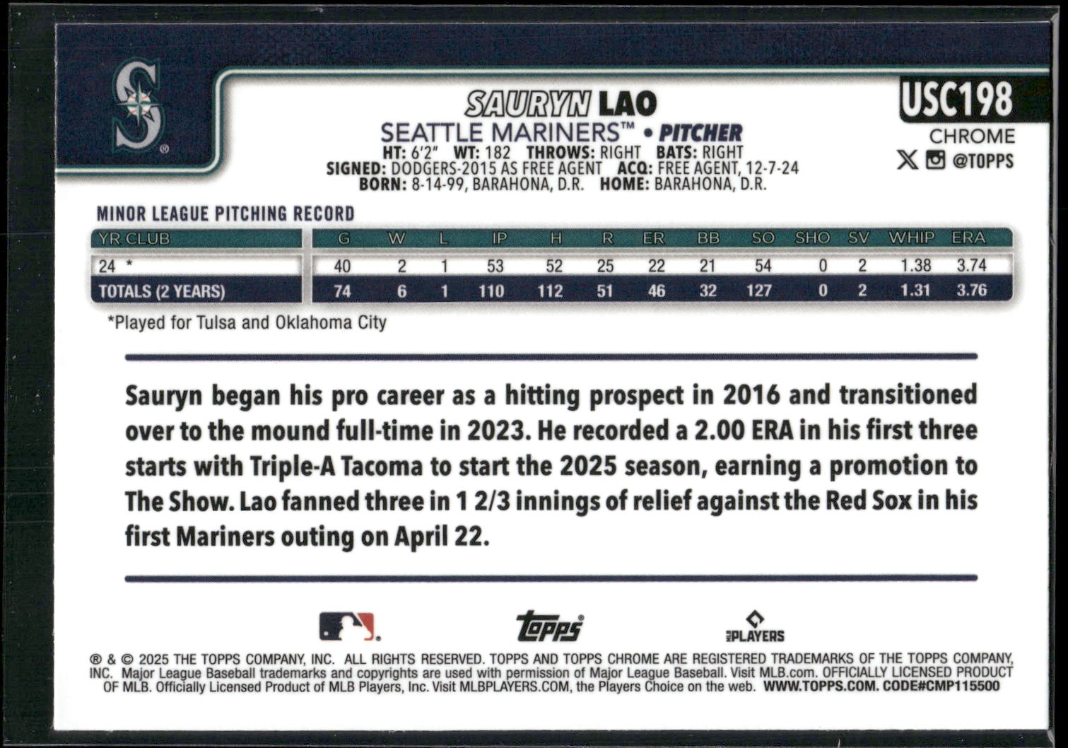 2025 Topps Chrome Update #USC198 Sauryn Lao