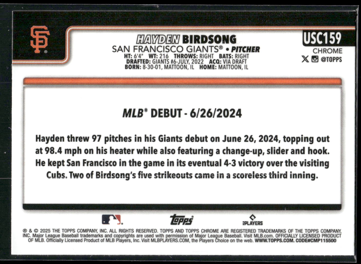 2025 Topps Chrome Update #USC159 Hayden Birdsong