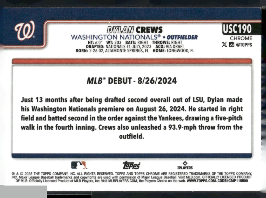 2025 Topps Chrome Update #USC190 Dylan Crews