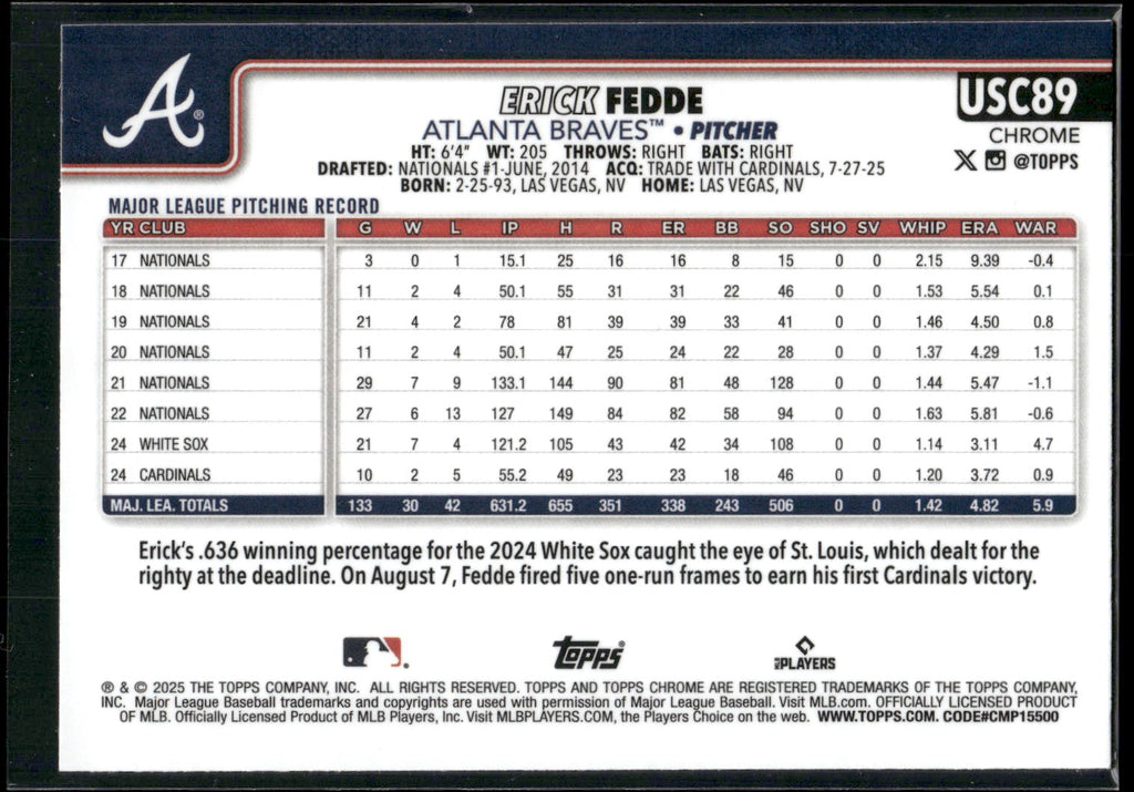 2025 Topps Chrome Update #USC89 Erick Fedde X-Fractors