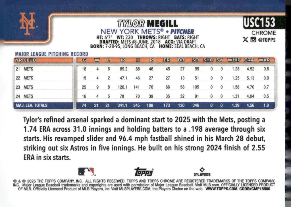 2025 Topps Chrome Update #USC153 Tylor Megill X-Fractors
