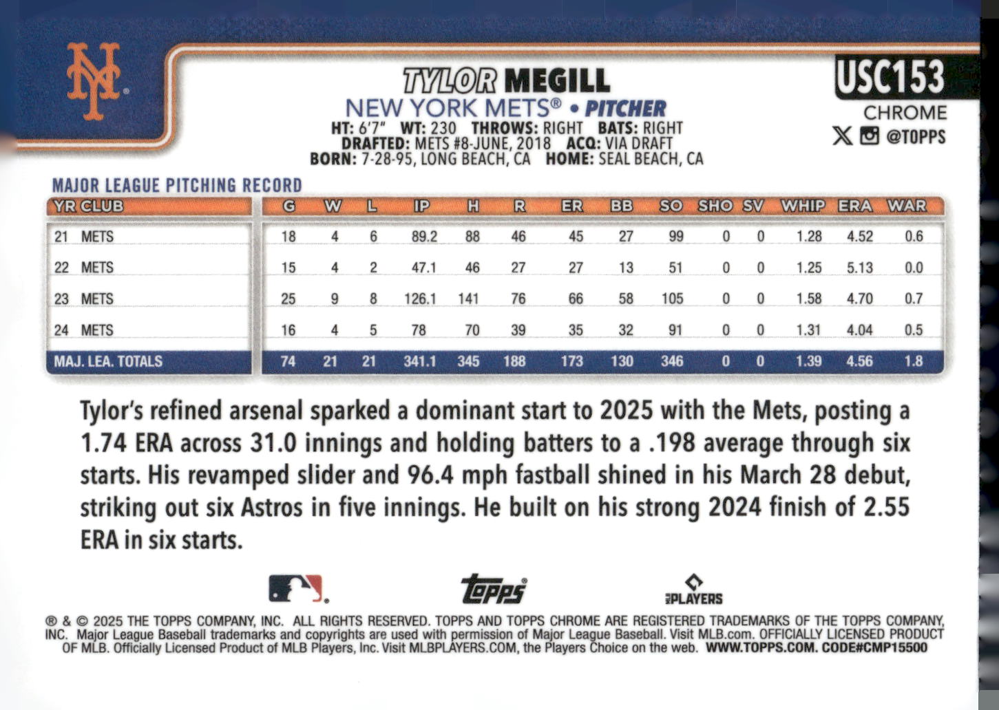 2025 Topps Chrome Update #USC153 Tylor Megill X-Fractors