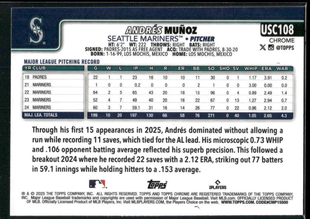 2025 Topps Chrome Update #USC108 Andrés Muñoz X-Fractors