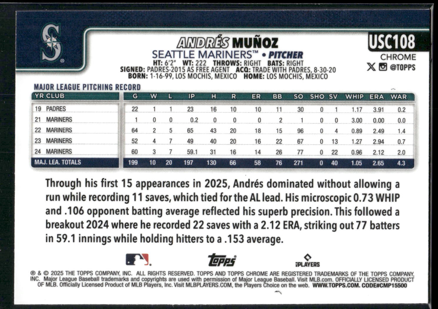 2025 Topps Chrome Update #USC108 Andrés Muñoz X-Fractors