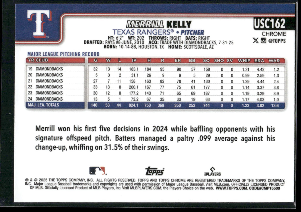 2025 Topps Chrome Update #USC162 Merrill Kelly X-Fractors