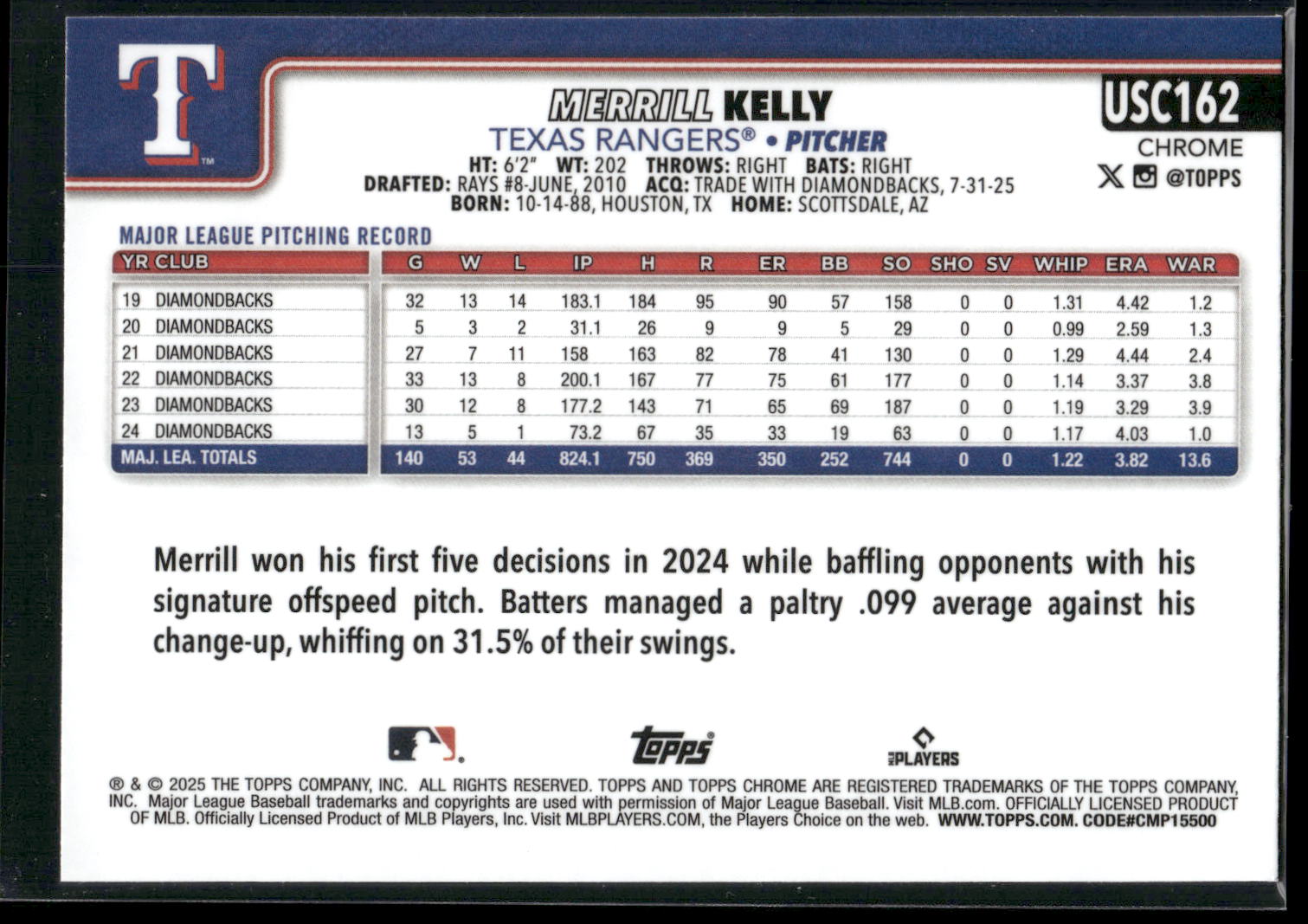 2025 Topps Chrome Update #USC162 Merrill Kelly X-Fractors