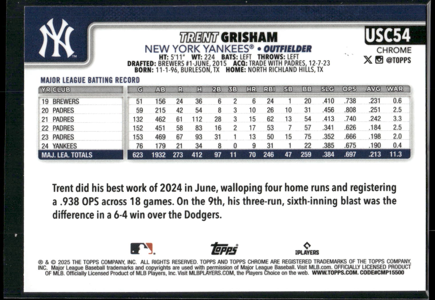 2025 Topps Chrome Update #USC54 Trent Grisham RayWave Refractor