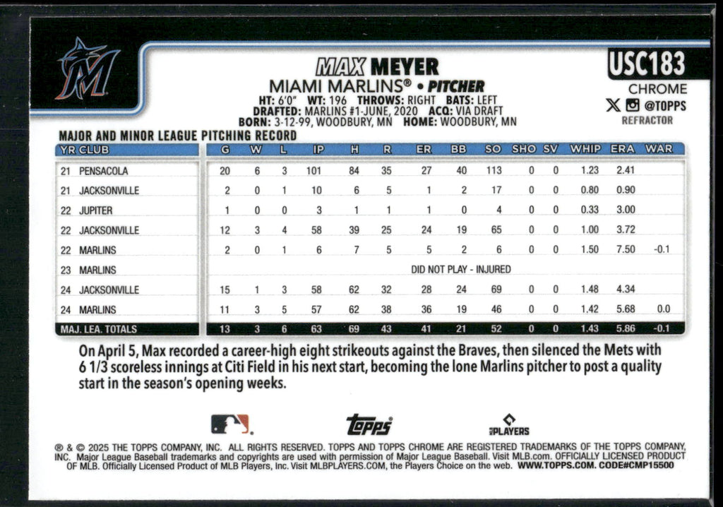 2025 Topps Chrome Update #USC183 Max Meyer Refractors