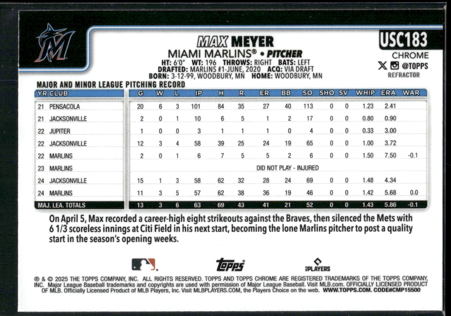 2025 Topps Chrome Update #USC183 Max Meyer Refractors