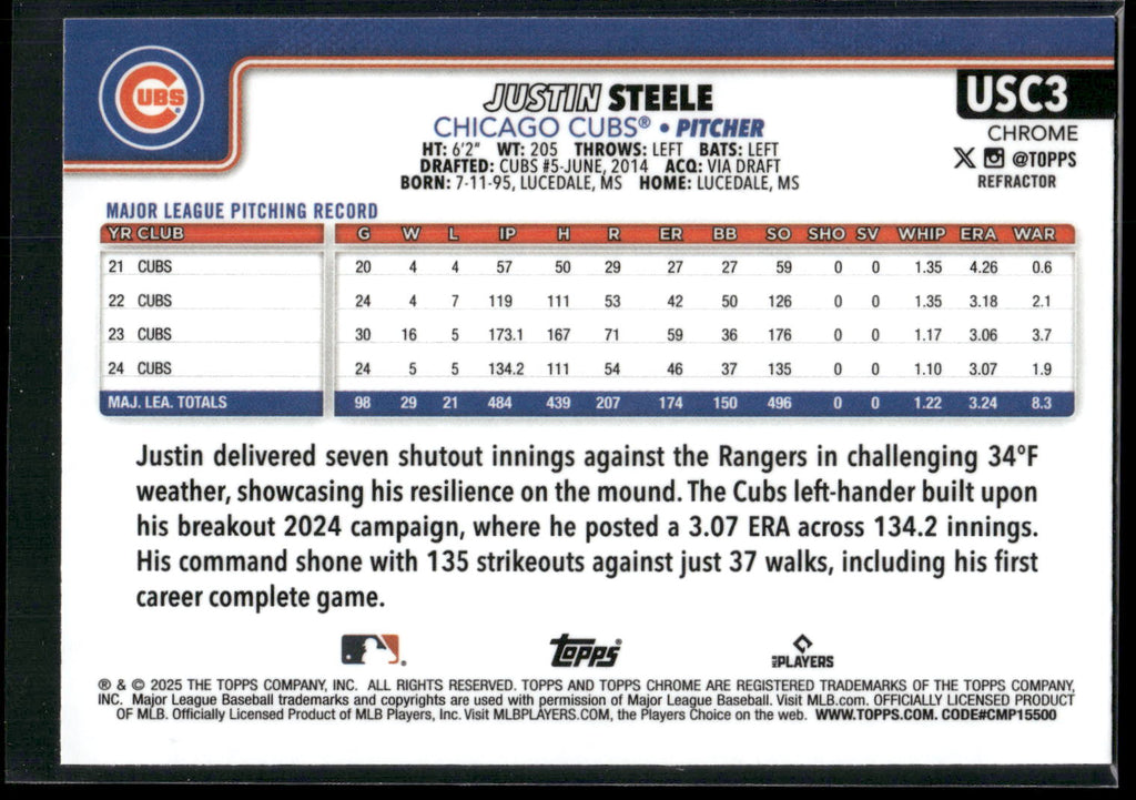 2025 Topps Chrome Update #USC3 Justin Steele Refractors