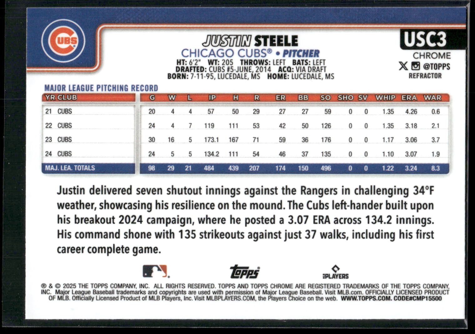 2025 Topps Chrome Update #USC3 Justin Steele Refractors