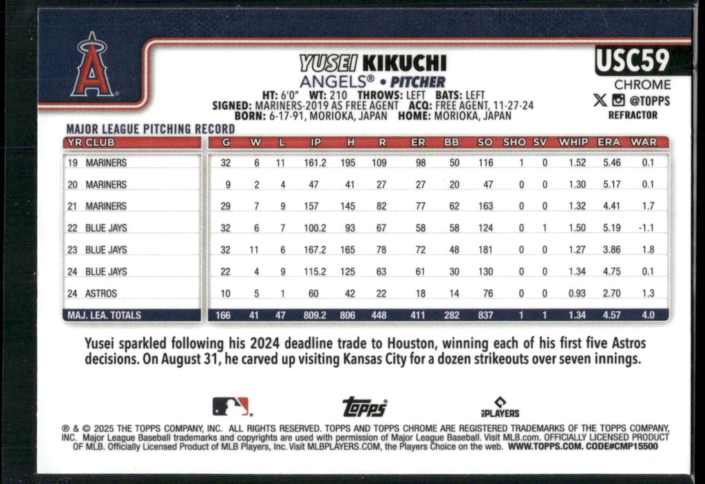 2025 Topps Chrome Update #USC59 Yusei Kikuchi Refractors