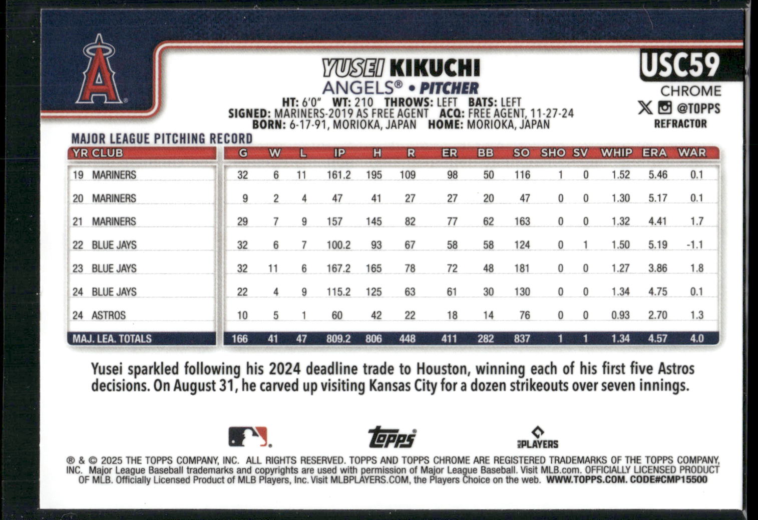 2025 Topps Chrome Update #USC59 Yusei Kikuchi Refractors