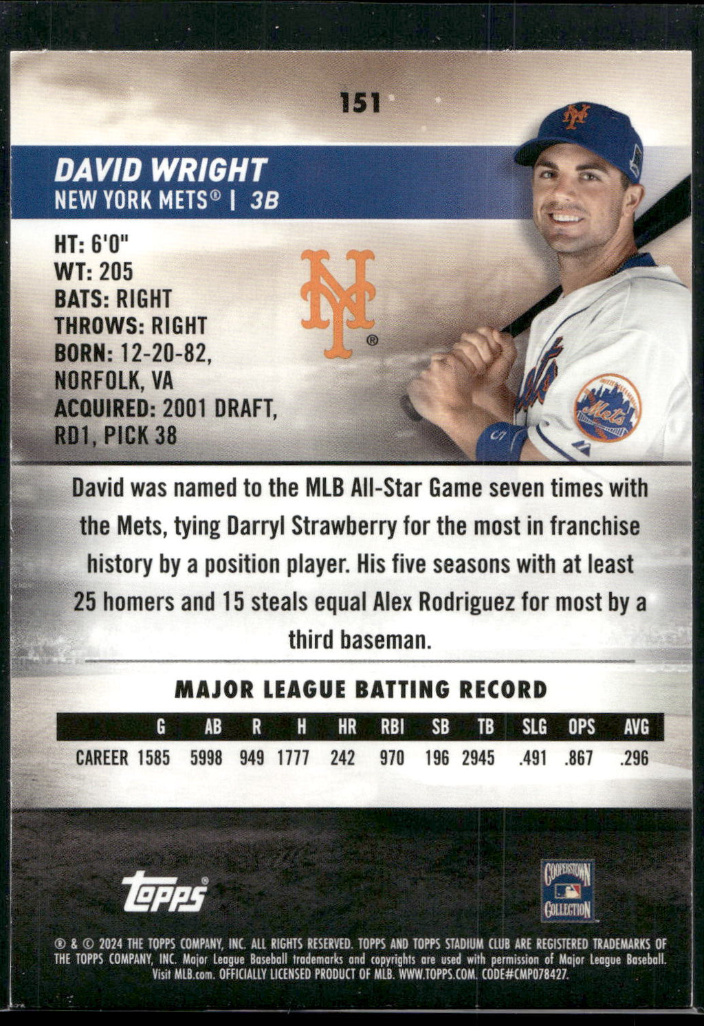 2024 Stadium Club #151 David Wright Sepia