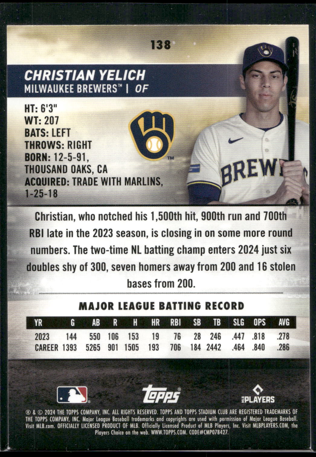 2024 Stadium Club #138 Christian Yelich