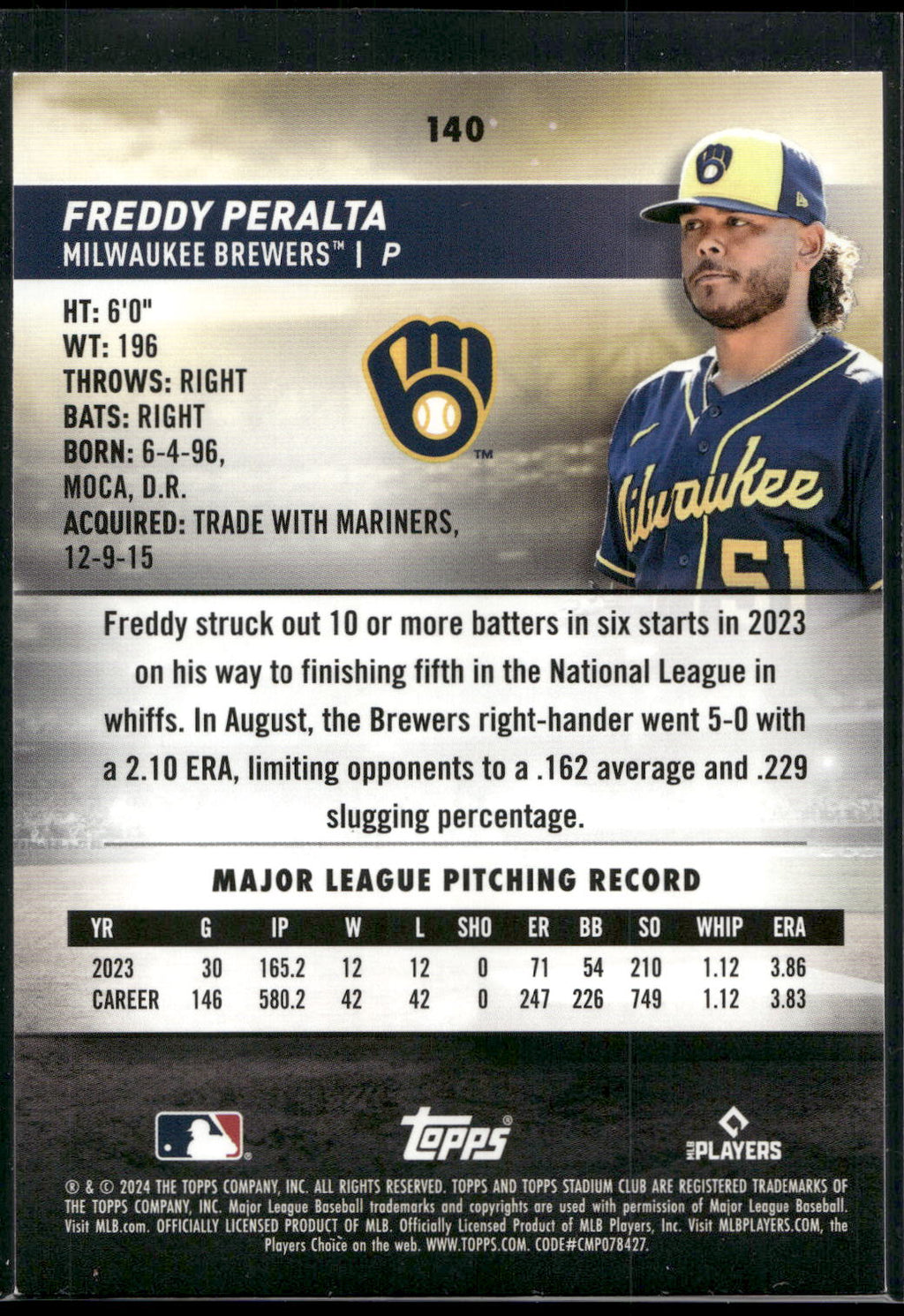 2024 Stadium Club #140 Freddy Peralta