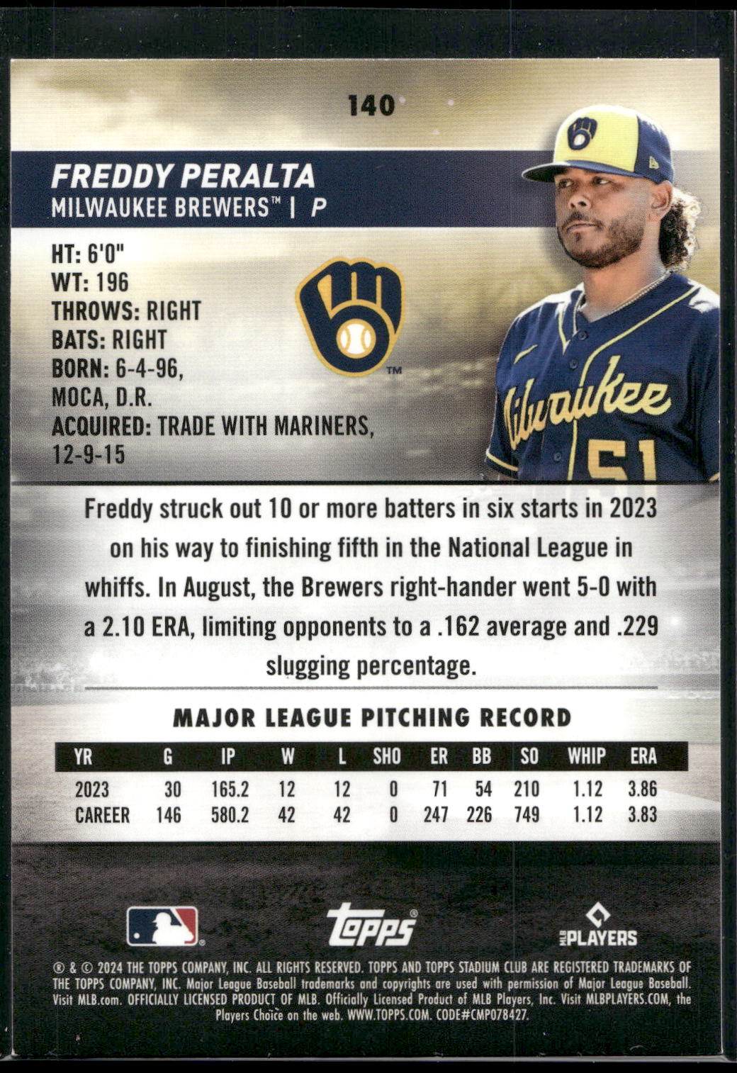 2024 Stadium Club #140 Freddy Peralta