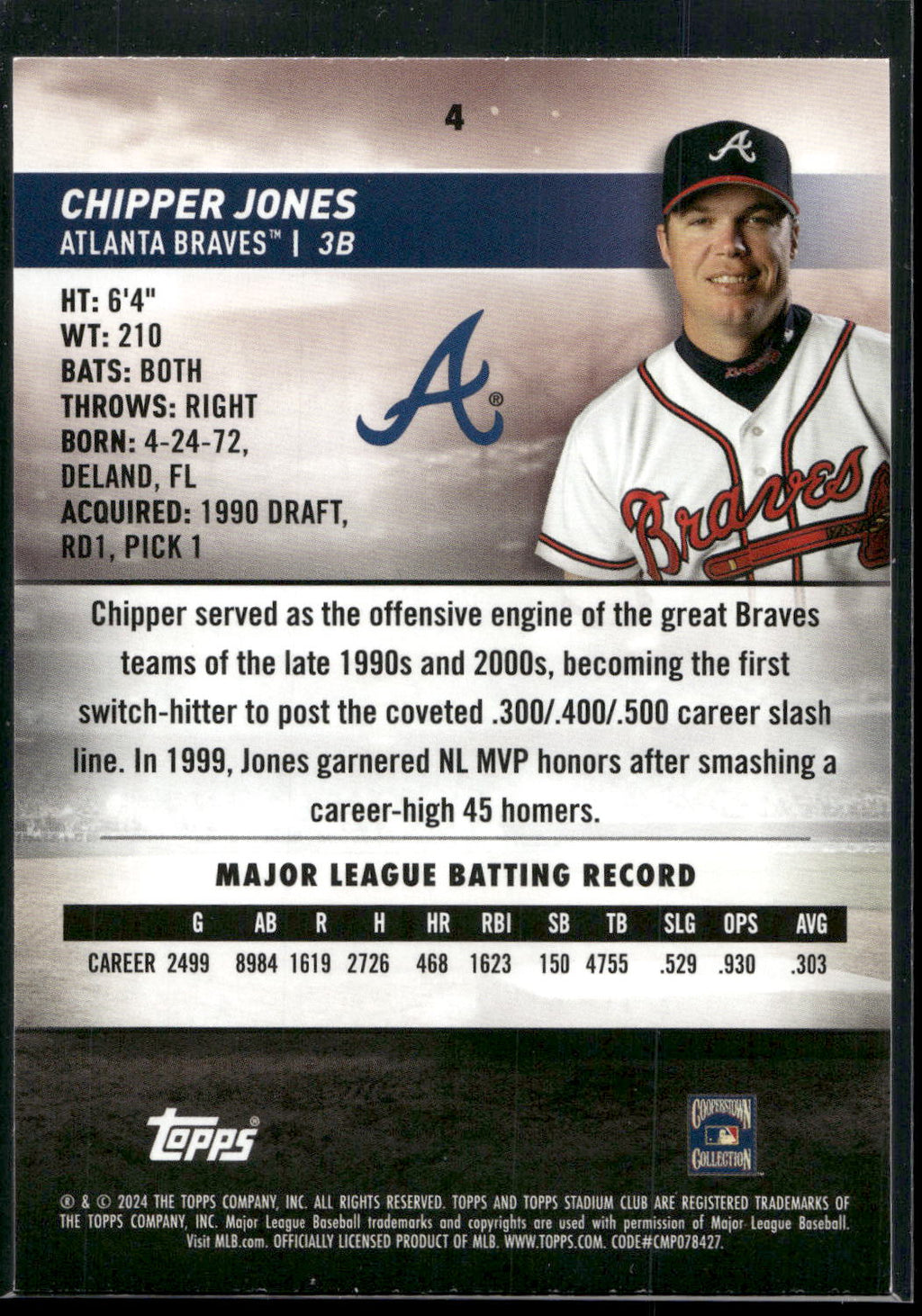 2024 Stadium Club #4 Chipper Jones