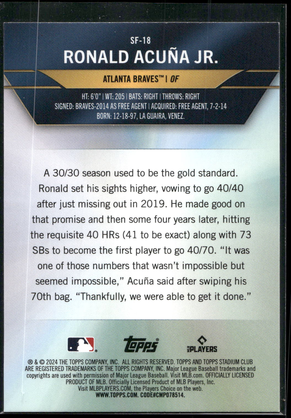 2024 Stadium Club #SF-18 Ronald Acuña Jr. Special Forces