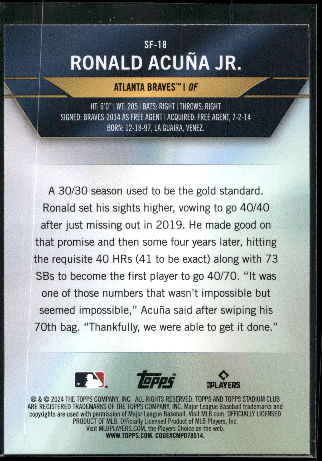 2024 Stadium Club #SF-18 Ronald Acuña Jr. Special Forces