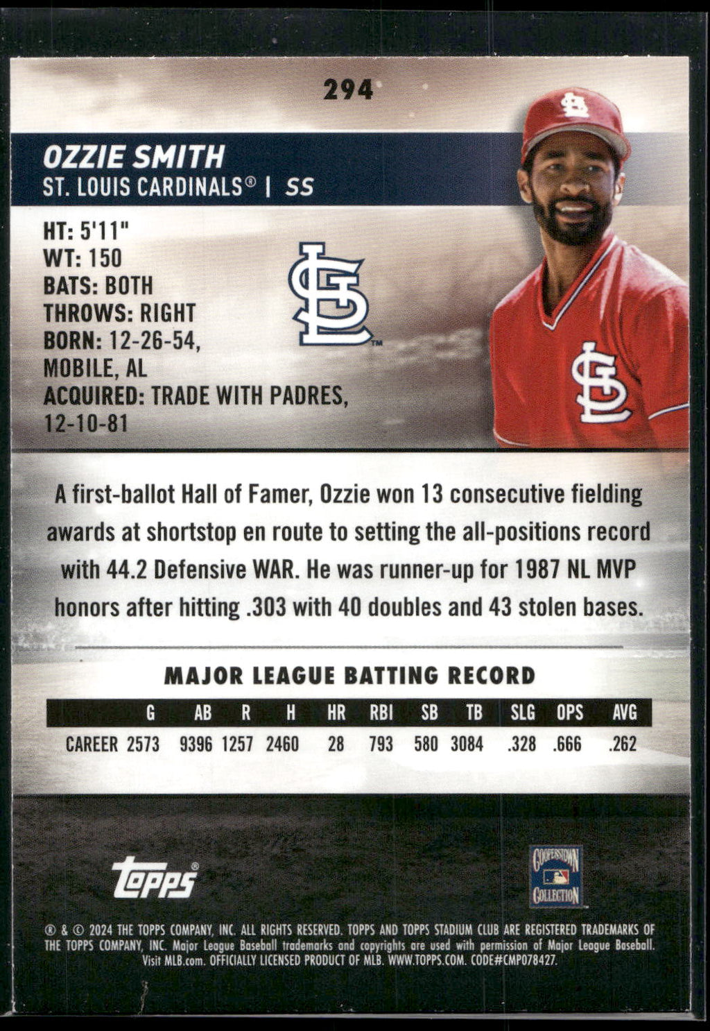 2024 Stadium Club #294 Ozzie Smith