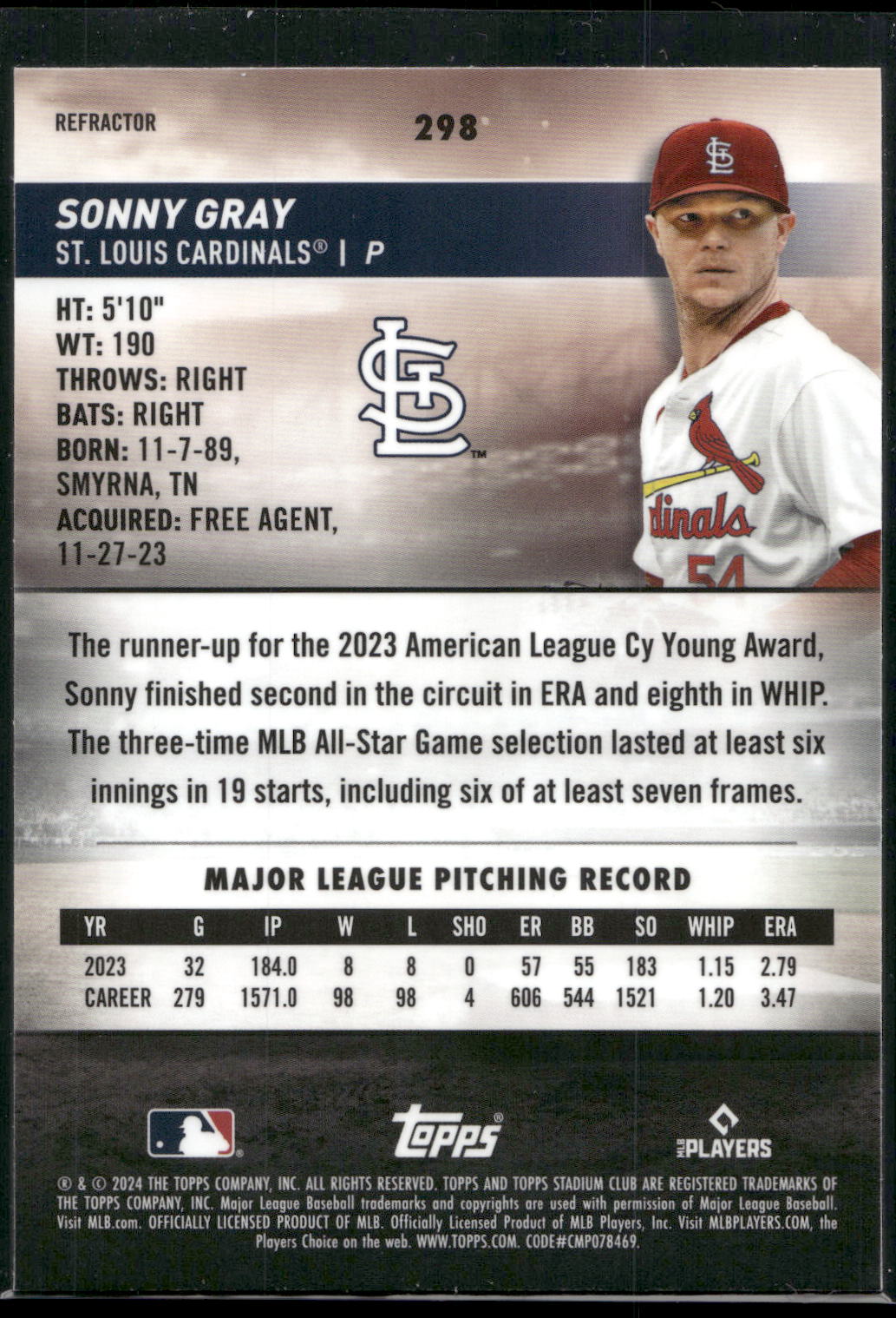 2024 Stadium Club #298 Sonny Gray Chrome Refractors