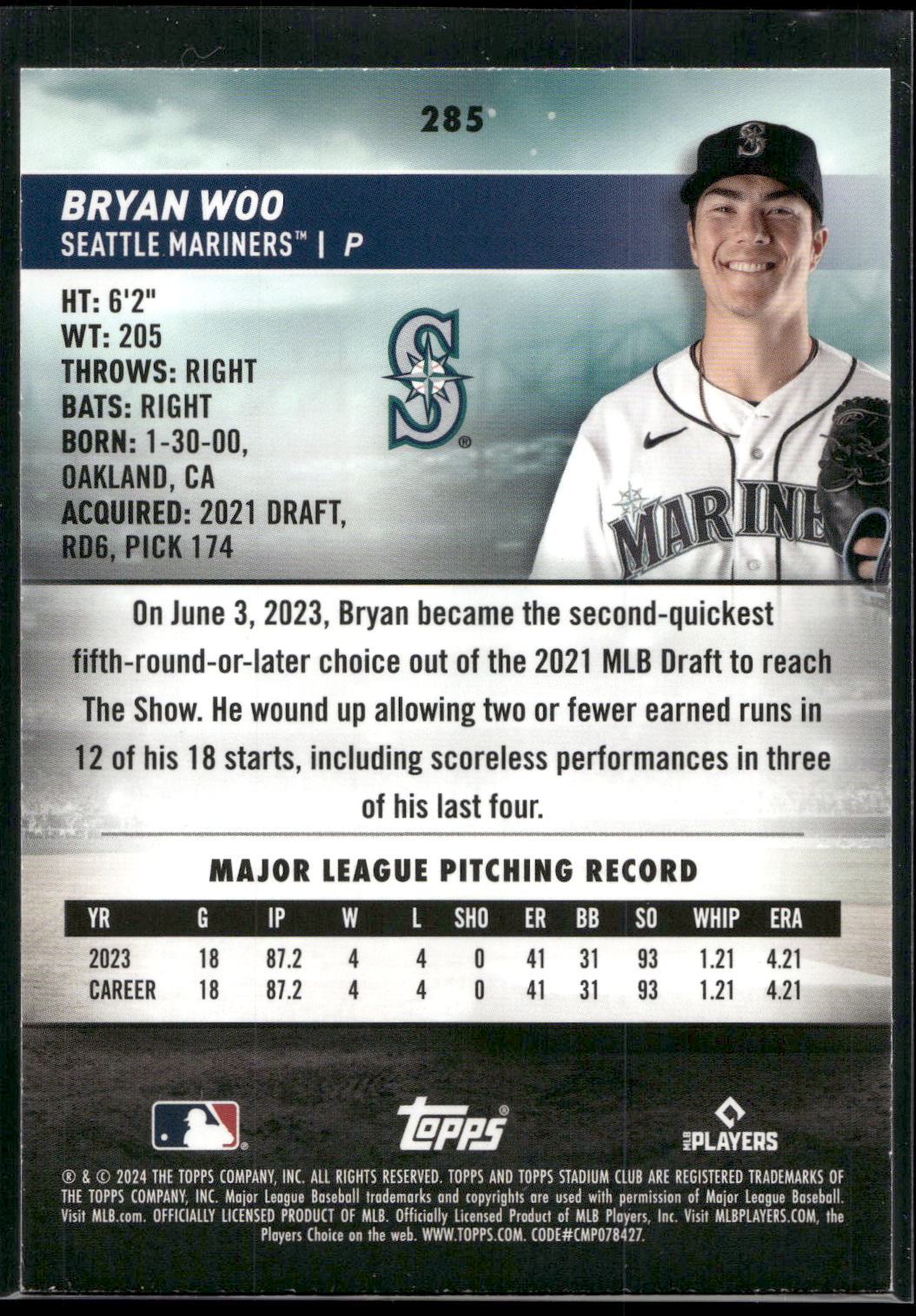 2024 Stadium Club #285 Bryan Woo