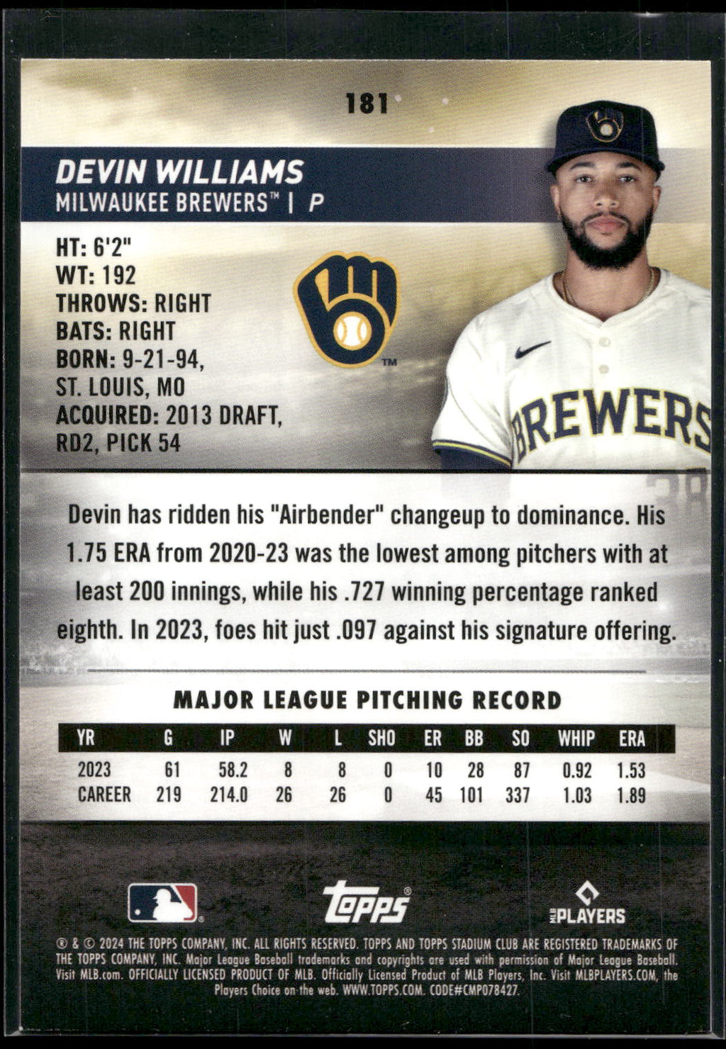 2024 Stadium Club #181 Devin Williams