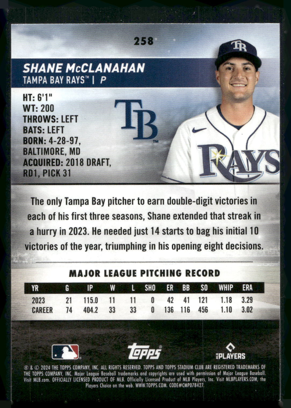 2024 Stadium Club #258 Shane McClanahan