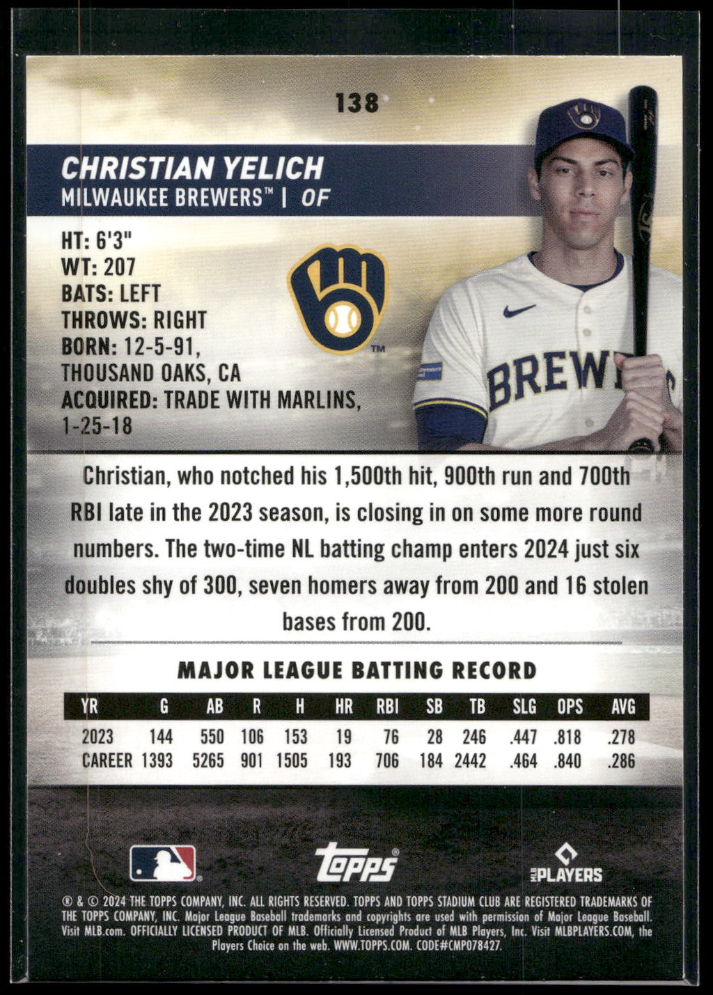 2024 Stadium Club #138 Christian Yelich