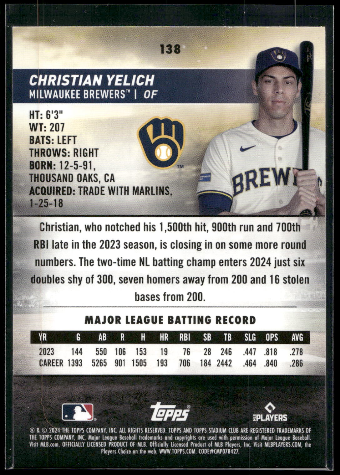 2024 Stadium Club #138 Christian Yelich