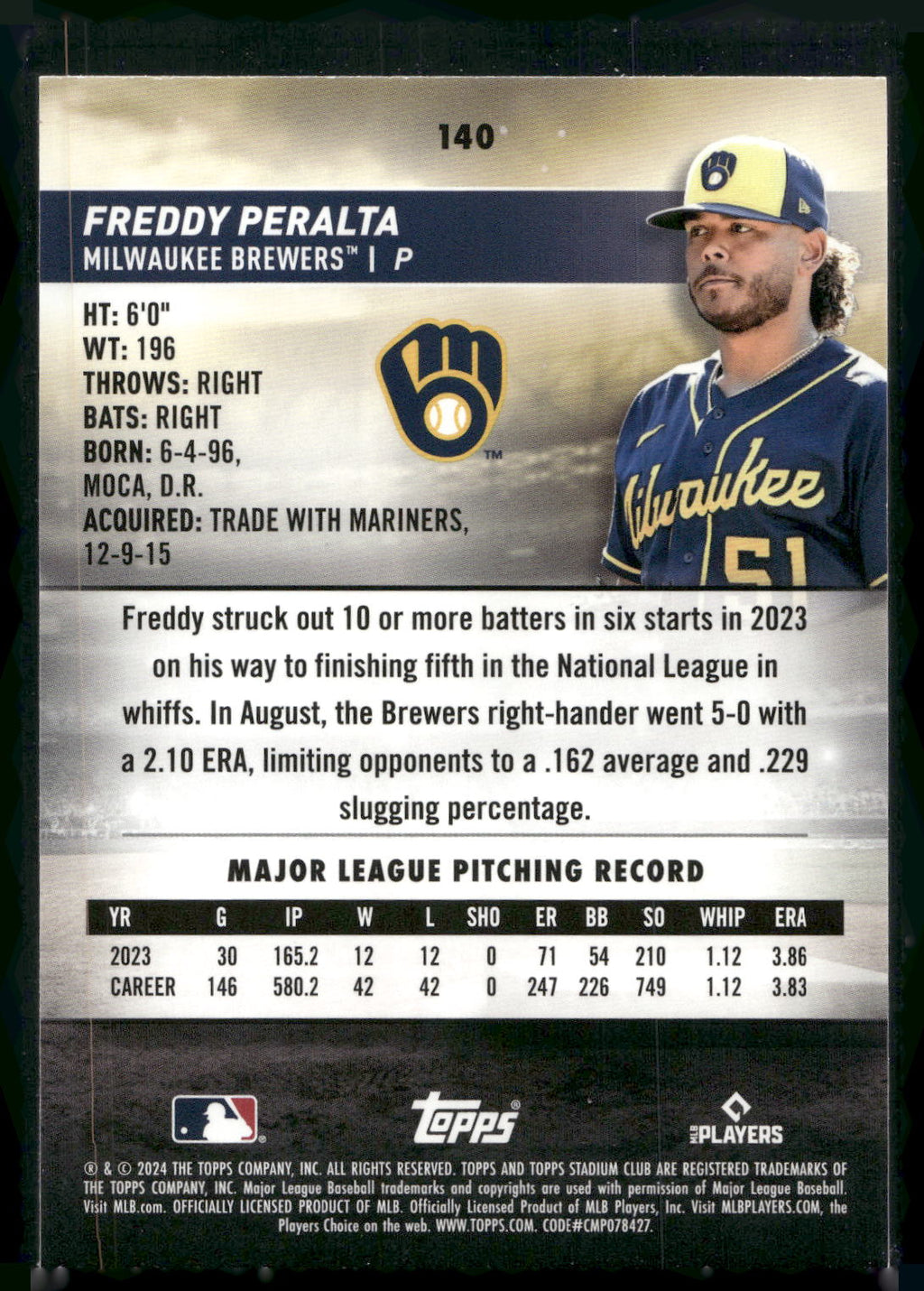 2024 Stadium Club #140 Freddy Peralta