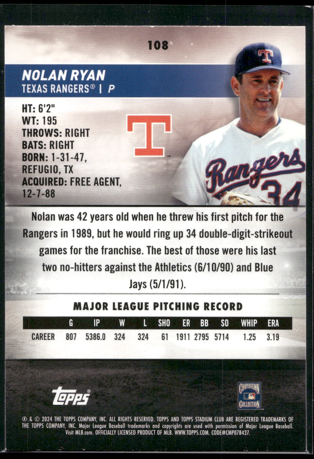 2024 Stadium Club #108 Nolan Ryan Red Foil