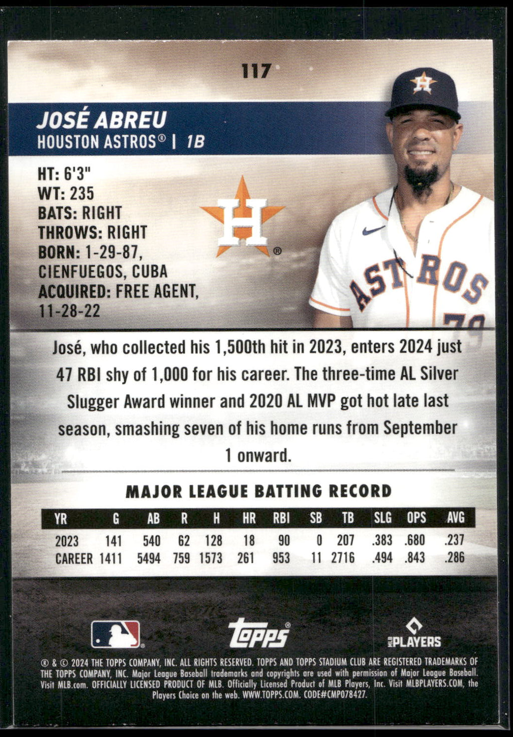 2024 Stadium Club #117 José Abreu Red Foil