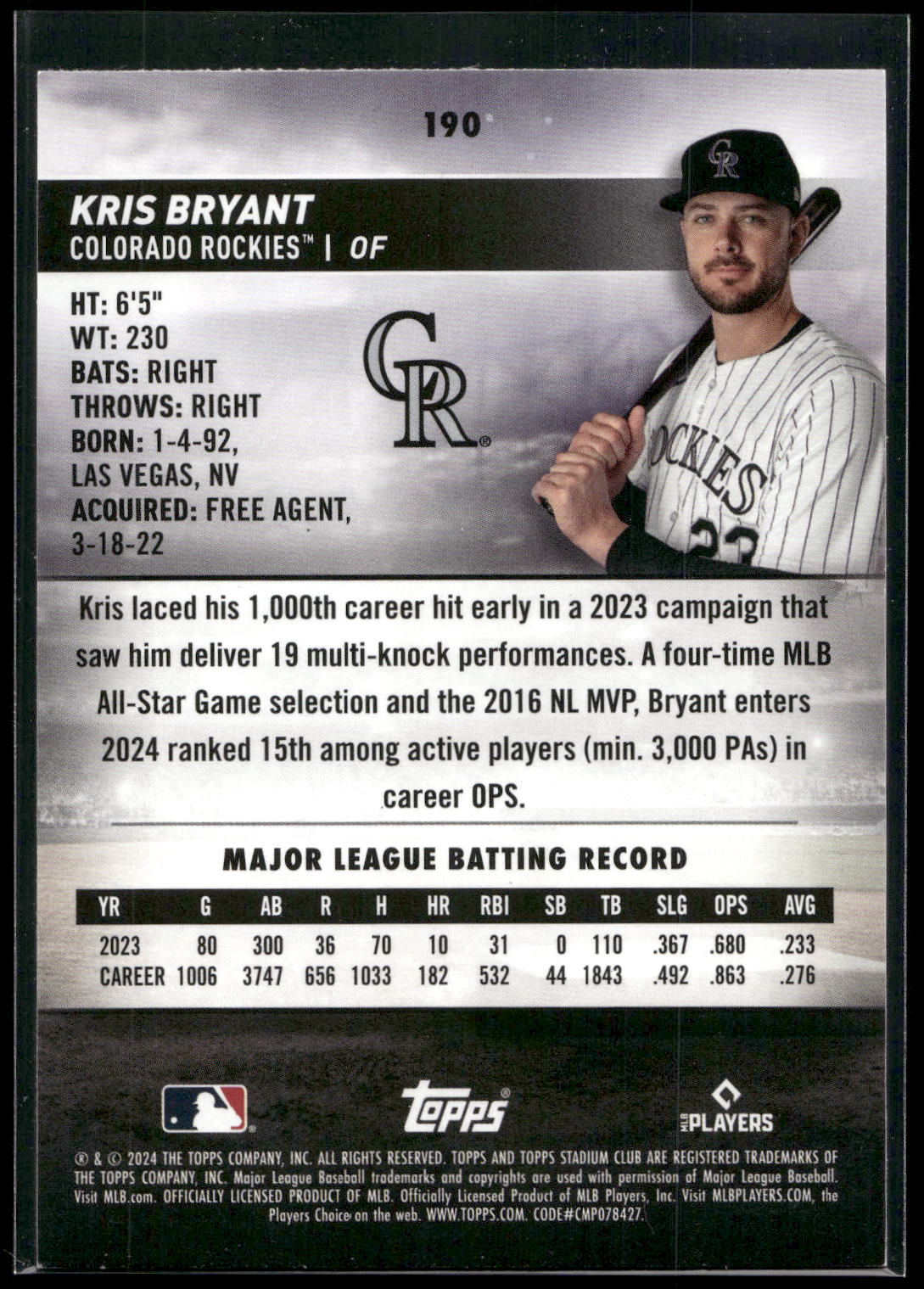 2024 Stadium Club #190 Kris Bryant Black Foil
