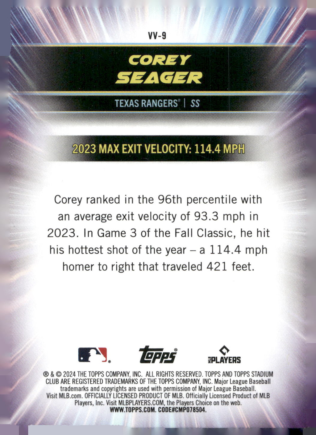 2024 Stadium Club #VV-9 Corey Seager Virtuosos of Velocity