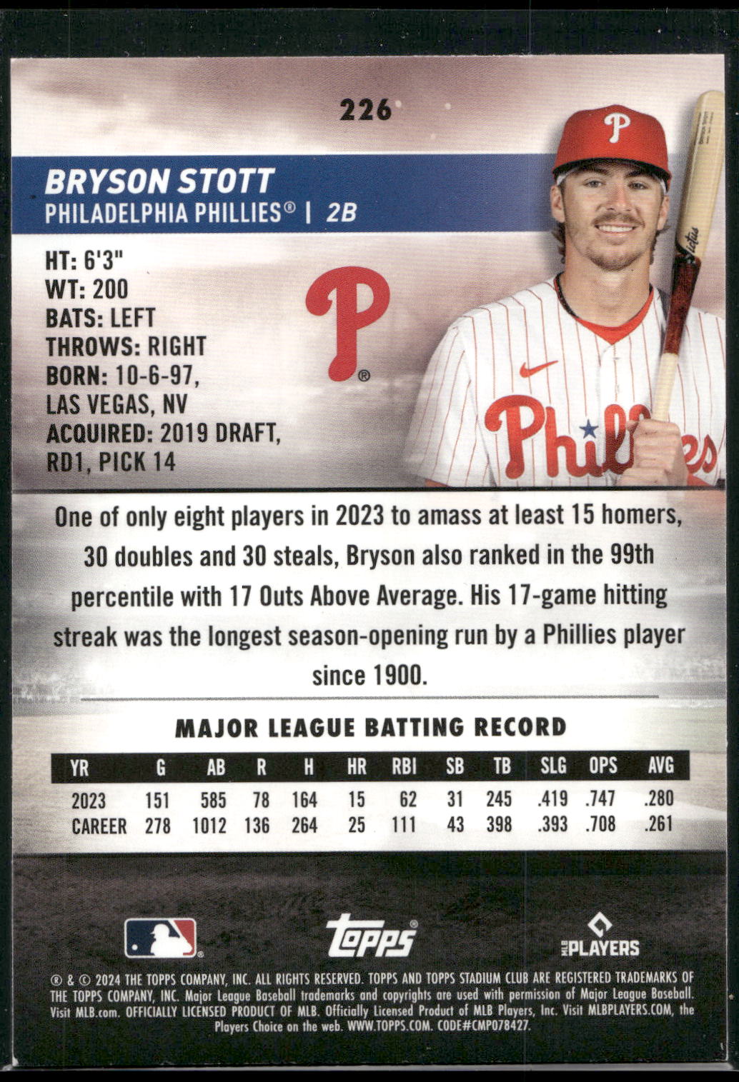 2024 Stadium Club #226 Bryson Stott Red Foil