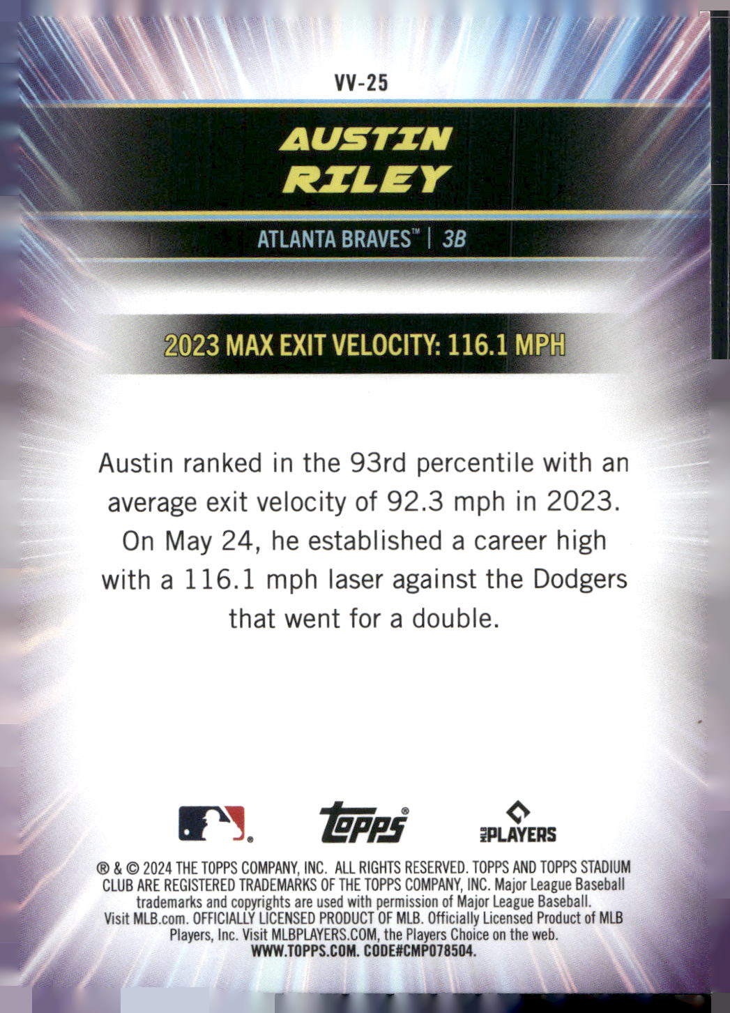 2024 Stadium Club #VV-25 Austin Riley Virtuosos of Velocity