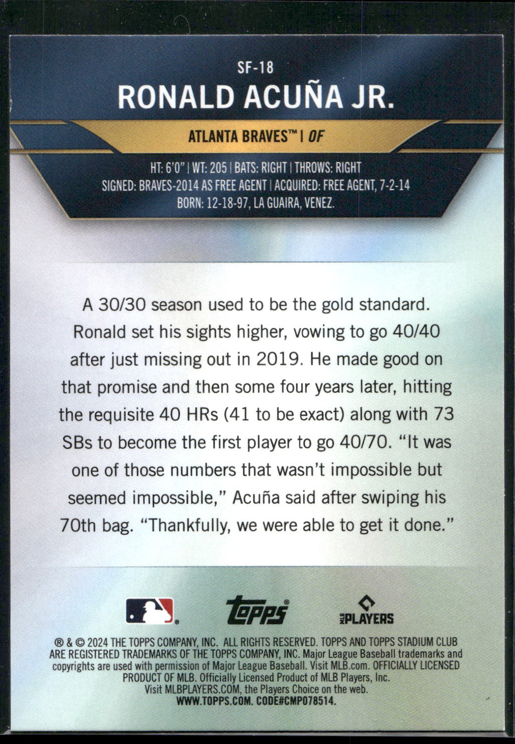 2024 Stadium Club #SF-18 Ronald Acuña Jr. Special Forces
